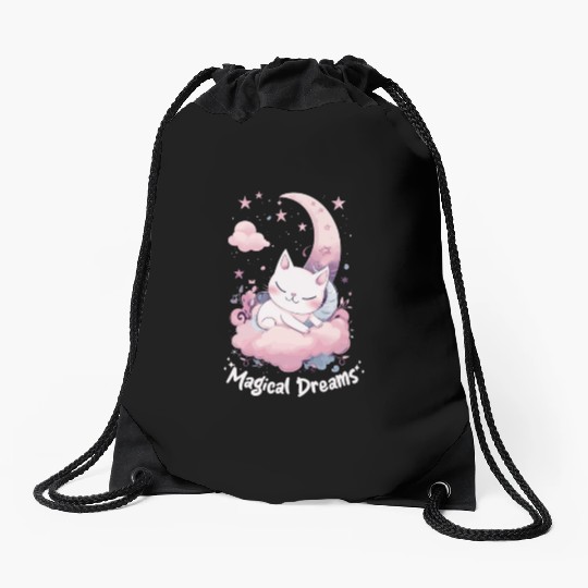 Magical Dreams Sleeping Cat Unicorns Pastel Moon S Drawstring Bags