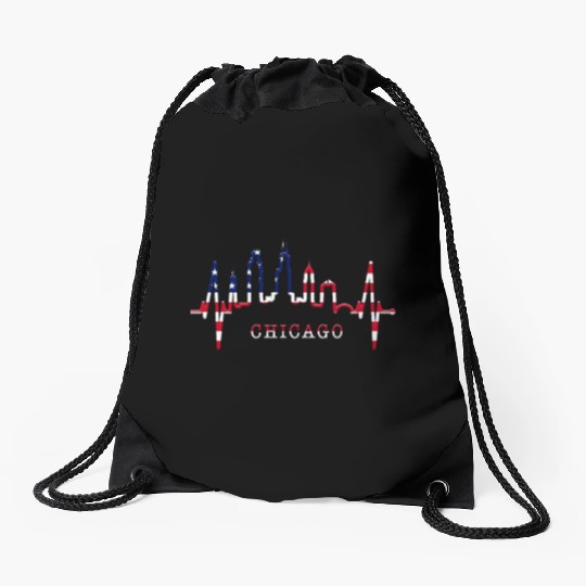 Chicago Skyline Heartbeat USA Heart I Love Chicago Drawstring Bags