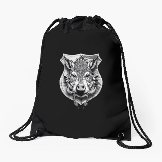 shield with wild boar head - DIGITAL - grayscale Drawstring Bags