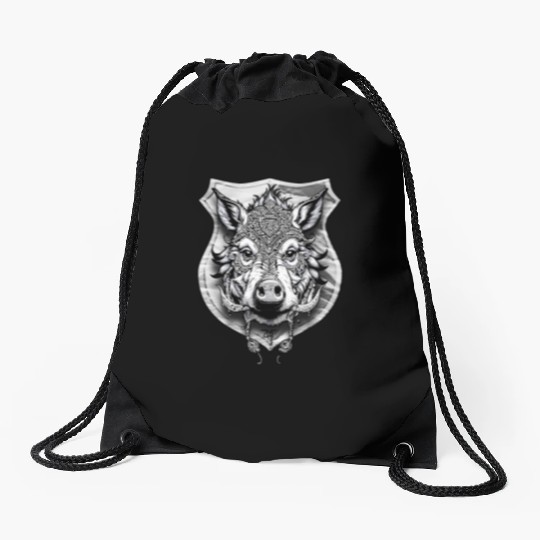 shield with wild boar head - DIGITAL - grayscale Drawstring Bags