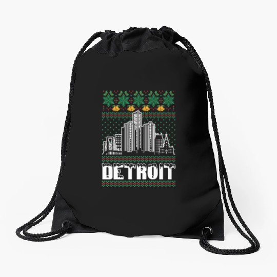 Detroit Michigan Ugly Christmas Drawstring Bags