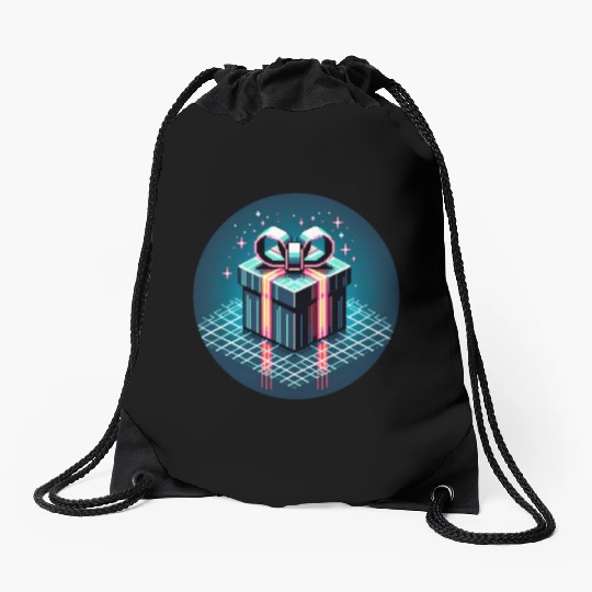 Cyberpunk Pixel Art Gift Box - Neon Ribbons Drawstring Bags