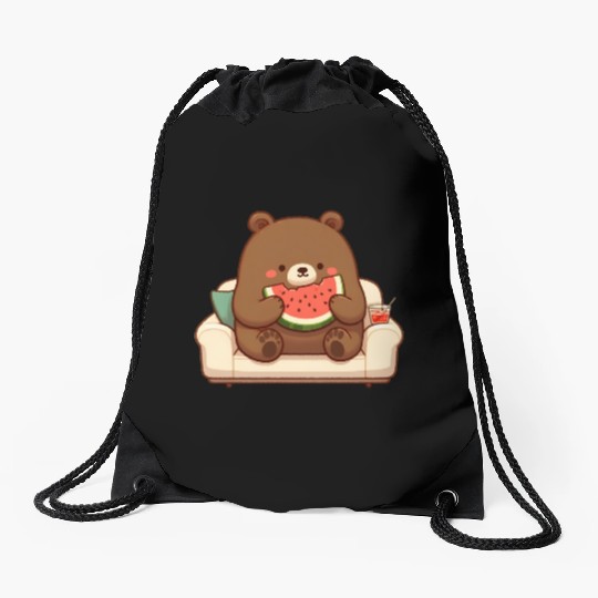 Cosy bear enjoying watermelon Drawstring Bags