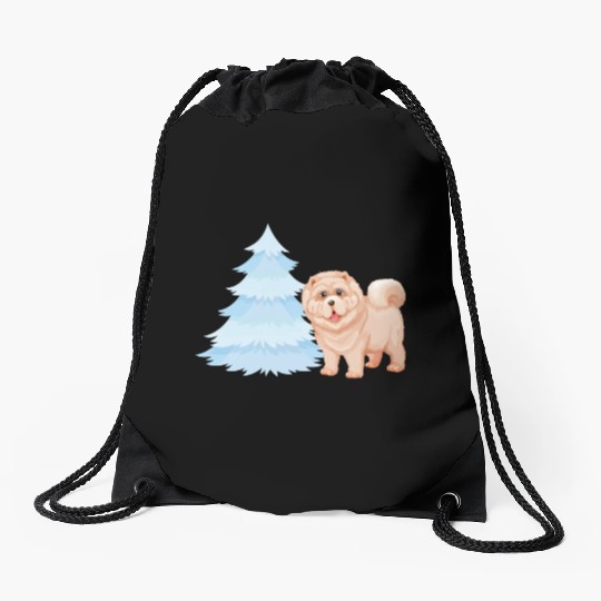 Christmas tree and brown cute dog Drawstring Bags