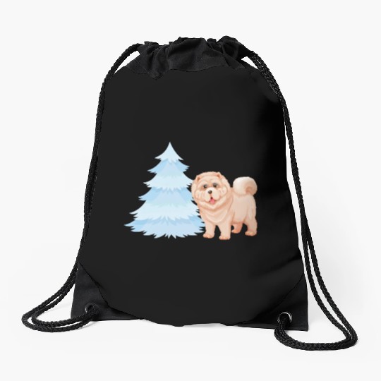 Christmas tree and brown cute dog Drawstring Bags