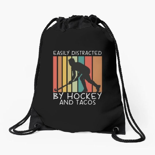 Easily Distracted By Hockey And Tacos Lover Funny Drawstring Bags