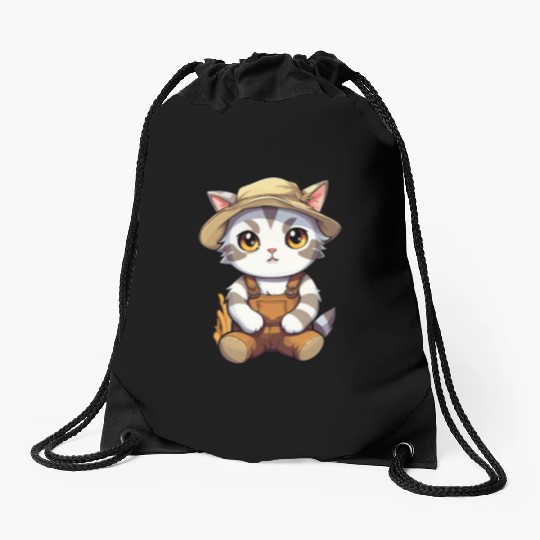 Kawaii Cat Farmer Agriculturist Farming Cute Anime Drawstring Bags