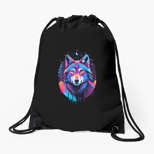 Eerie Blacklight Wolf Drawstring Bags - Neon Colors