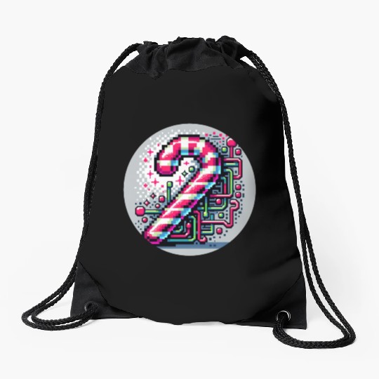 Neon Cyberpunk Candy Cane 8-Bit Pixel Christmas Drawstring Bags
