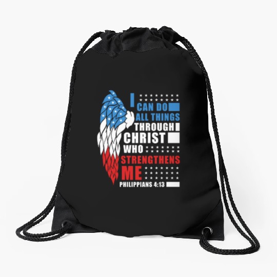 Bible Verse Philippians 4:13 Inspiring Patriotic C Drawstring Bags