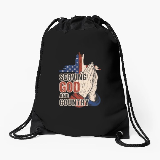 Serving God And Country US Flag Cross Patriotic Ch Drawstring Bags