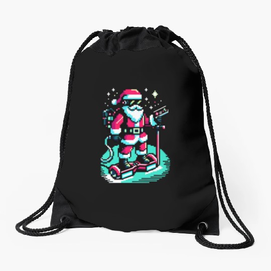 Witty 8-Bit Cyberpunk Santa Drawstring Bags