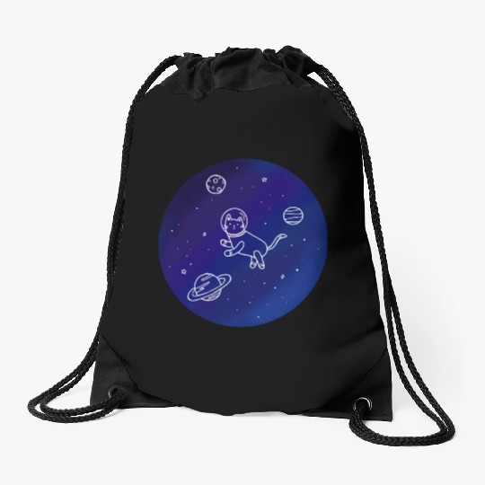Doodle-Style Hand Drawn Space Cat Drawstring Bags