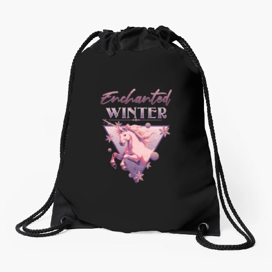 Enchanted Winter 80s Retro Lilac Unicorn Drawstring Bags