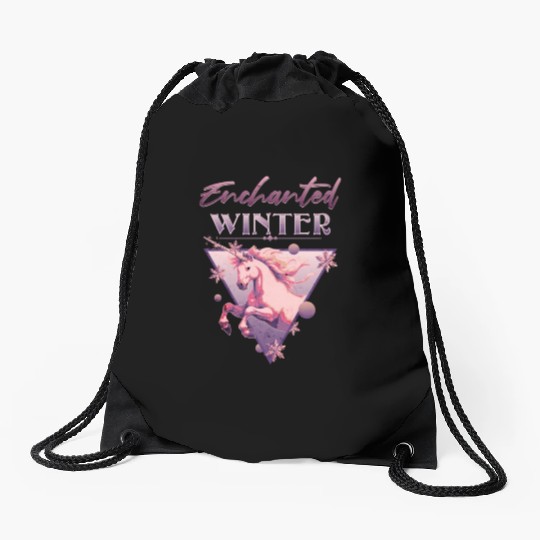 Enchanted Winter 80s Retro Lilac Unicorn Drawstring Bags