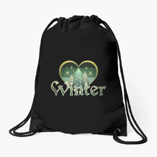 Winter Heart Evergreen Retro Sunset Drawstring Bags
