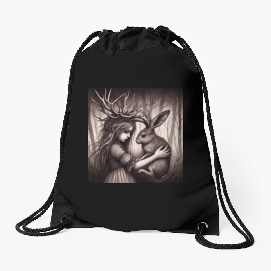 Illustration of Girl with Jackalope Drawstring Bags