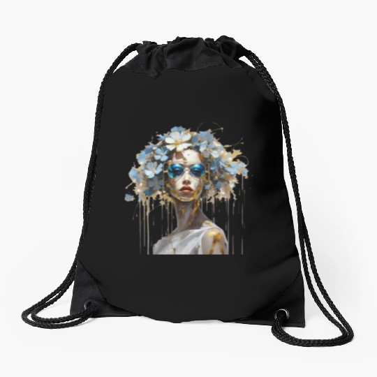 Lady with blue sunglasses Drawstring Bags