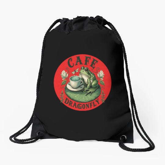 Cafe Dragonfly: Whimsical Serene Frog on Lily Pad Drawstring Bags