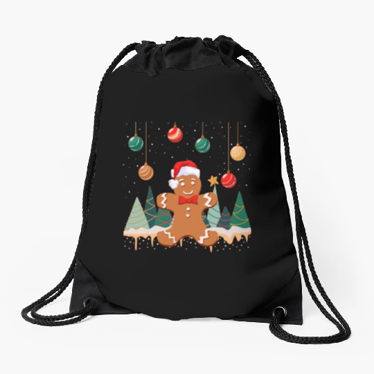 Gingerbread Man Cookie Snowy Christmas Ornaments Drawstring Bags