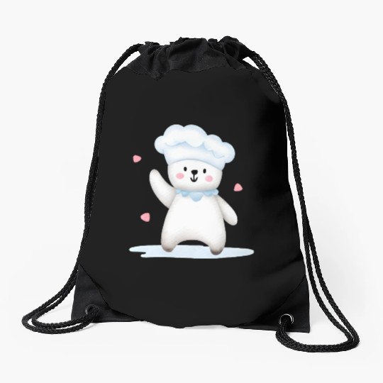 White Happy Chef Bear Drawstring Bags