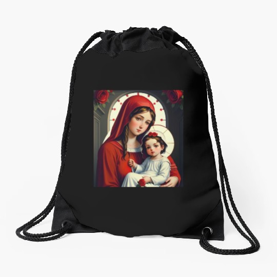Mother Mary and Baby Jesus with Roses Drawstring Bags