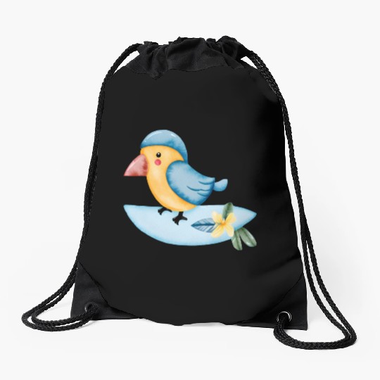 Surfing Bird Watercolor Drawstring Bags
