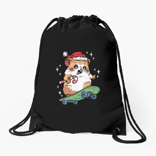 CUTE HAMSTER RIDING SKATEBOARD Drawstring Bags