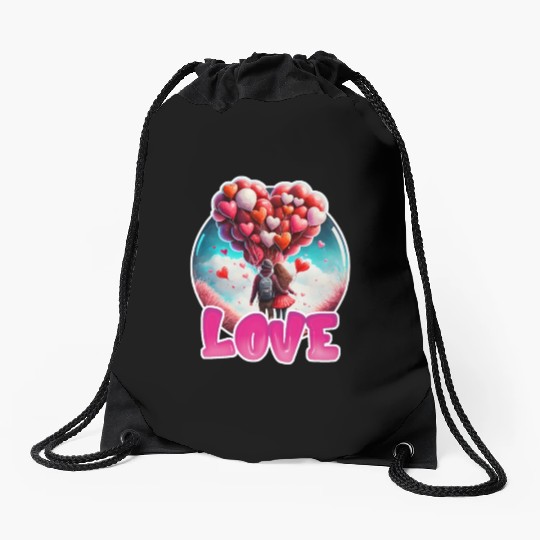 Retro Cute Couples with Heart Balloons Drawstring Bags