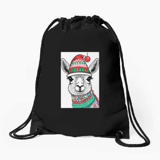 Cute Llama with Christmas Hat Drawstring Bags