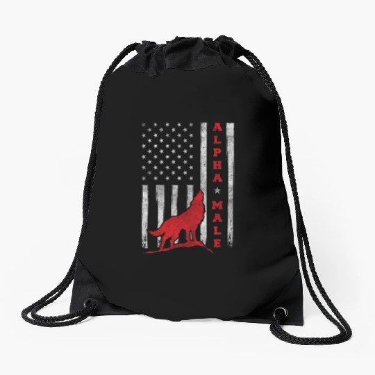 Patriotic American Wolf US Flag Drawstring Bags