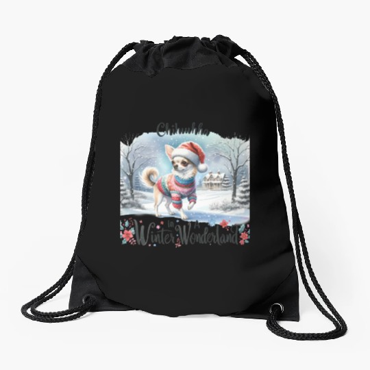 Chihuahua In a Winter Wonderland Drawstring Bags