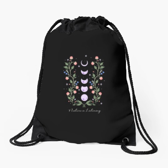 Nature Is Listening Flowers Phases Moon Drawstring Bags