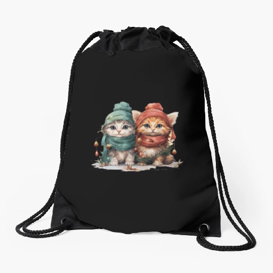 Sweet and playful Christmas kittens wearing hats Drawstring Bags
