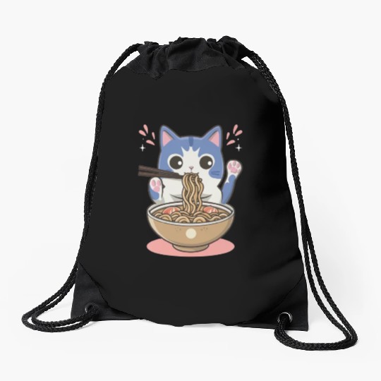 te cat ramen noodles neko kawaii funny Drawstring Bags