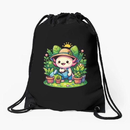 Axolotl As A Hobby Gardener With Plants And Drawstring Bags