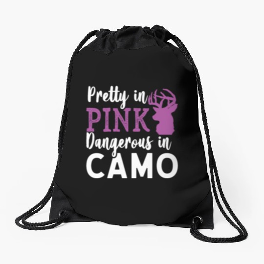 Pretty in Pink Dangerous in Camo Hunter Girl Drawstring Bags