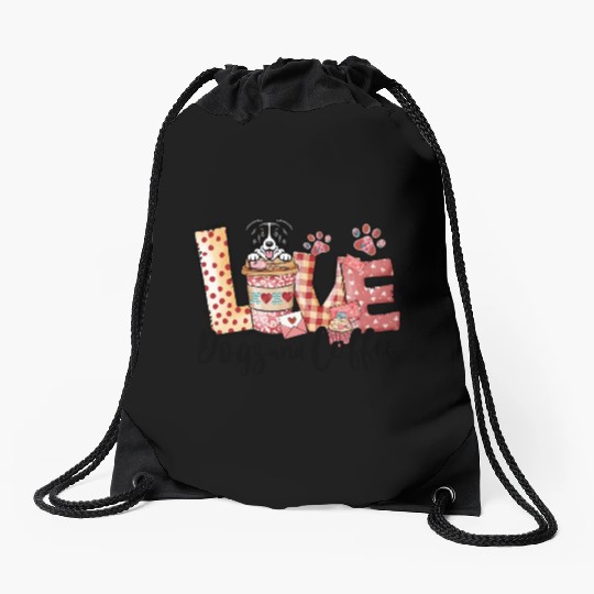 Border Collie Dog Coffee Lover Valentines Day Drawstring Bags