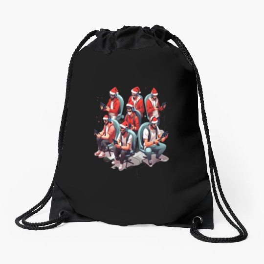Console Claus Crew, Santa-Hat Gaming Squad Drawstring Bags