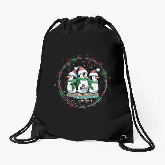 Christmas penguins Drawstring Bags