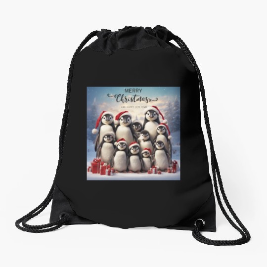 Christmas funny penguins Drawstring Bags