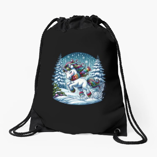 Unicorn in a Winter Wonderland Drawstring Bags