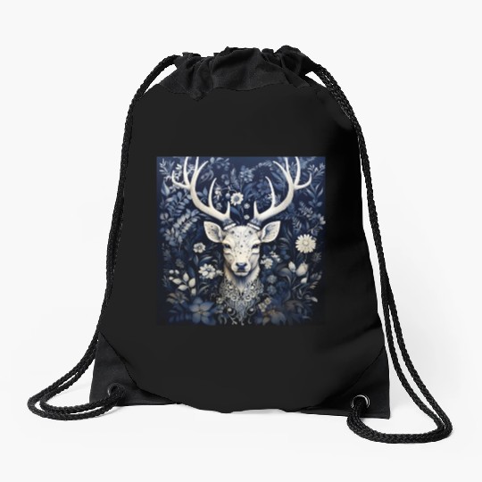Enchanted Forest Deer Winter Bloom Drawstring Bags