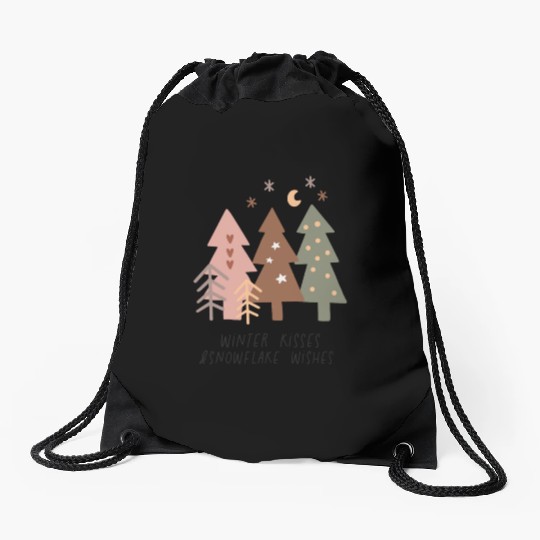 Winter Kisses And Snowflake Wishes Drawstring Bags