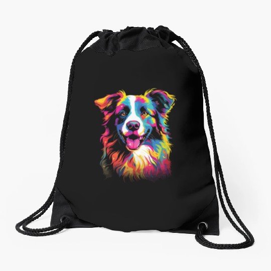 Watercolor Colorful Border Collie Drawstring Bags