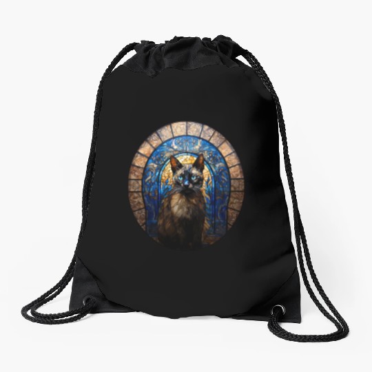 Siamese cat in stained glass Drawstring Bags