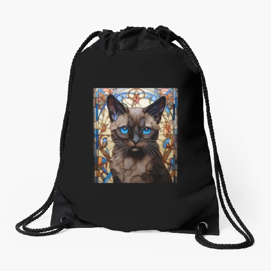 Siamese kitten in stained glass Drawstring Bags