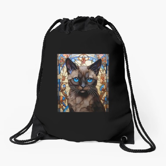 Siamese kitten in stained glass Drawstring Bags