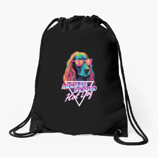 Retro Wave Afghan Hound Hot Dog Drawstring Bags