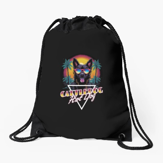 Retro Wave Cattledog Hot Dog Drawstring Bags